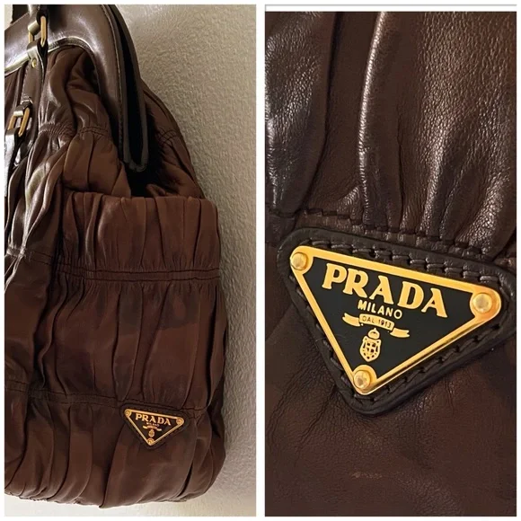 PRADA Nappa Gaufre Ruched Frame Large Bag Brown Soft Leather Tote Purse - Picture 5 of 16